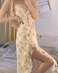 2025 Summer Floral Sleeveless Midi Dresses Women Designer Vintage Dress Female One Piece Elegant Dress Korean Fashion