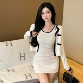 2025 Spring Autumn New Women's Sexy Temperament Knitted Cardigan Coat Slim Wrap Hip Tank Top Dress Fashion Two Piece Set WHH4