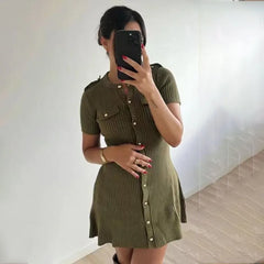 Metal Button Knitted Short Sleeve Dress Women's Retro Elegant Mini Sweater Dresses Solid Color Club Party Vestido Female
