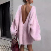 2025 Autumn Long Sleeve Sexy Big Backless Knitted Sweater Dress For Women Fashion Solid Loose Sweater Pullover Streetwear