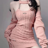 Pink Knitted Suits Office Lady Sweet Y2k Crop Tops + Mini Dress Women 2023 Autumn Korea Fashion Even Party 2 Piece Dress Set