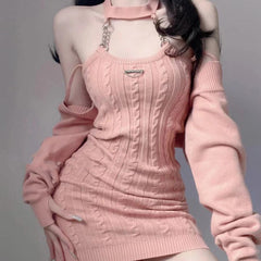 Pink Knitted Suits Office Lady Sweet Y2k Crop Tops + Mini Dress Women 2023 Autumn Korea Fashion Even Party 2 Piece Dress Set