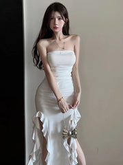 White Robe Long Dress Elegant 2025 Sexy Off Shoulder Slim Wrapped Chest Split Mid Length Dress Fashion Korean Women Tops H8OG