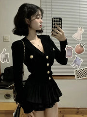 Korean Fashion V-nck Long Sleeve Black Knitted Cardigan+ Y2k E-Girl High Waist Ruched Short Skirts 2024 New Two Piece Sets