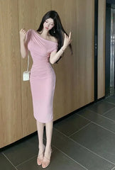 French Fashion Pleated Long Dress Summer Spring For Women Off The Shoulder Slim Fit Slimming Temperament Oblique Shoulder PTOF