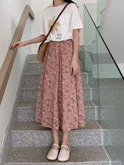 Vintage Floral Print A-line Pleated Long Skirts Summer Women 2024 Korean Skirt Streetwear Drawstring Elastic Waist Midi Skirt