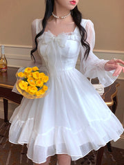 French Sweet Fairy Lolita Dress Women Long Sleeve Lace Y2k Mini Dress Vintage Kawaii Clothes One Piece Dress Korean Spring