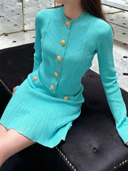 High Street Fashion Knitted 2 Piece Skirt Set Casual O-neck Long Sleeve Sweater Cardigan Coat + High Waist Skirt Suits For Women