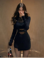 Pile Up Sleeves New Sexy Black Fishbone Dress Personalized Slim Women Dress Thin Gauze Perspective Wrap Around Buttocks F8Q3