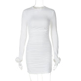 Floral Long Sleeve Ruched Dress For Women Elegant Bodycon Mini Dress Fashion Solid Female Sexy Tight Outfits Autumn New