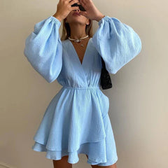 Elegant Chiffon V-neck Ruffle Dress For Women High Waist Irregular Solid Color Short Dress Long Sleeve Party Female Dress