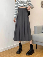 Long Skirt Brown 2024 Summer Korean Fashion High Waist Black Midi Skirt Women Elegant A Line Girls Pleated Skirts Gray Spring