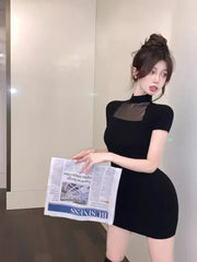 Korean Style Sexy Slim Fit Mesh Patchwork Round Neck Knitted Dress Elegant Summer New Soft Girl Waist Wrap Hip Short Skirt W2JS