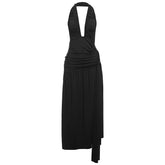 Halter Deep V Neck High Slit Dress For Women Sexy Backless Ruched Maxi Dress Beach Party Outfits Sleeveless Fashion Solid