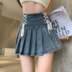 Korean Chic Blue Denim Skirt for Women 2024 Summer New High Waist A-line Skirts Y2k E-Girl Drawstring Bow Faldas Mujer