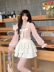 Fashion Sweet Sailor Collar Bow Long Sleeve Tops Women+ Y2k E-Girl High Waist Ruffles A-line Skirts Summer New Two Piece Sets