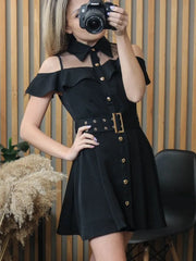 Korean OL New Single Breasted Women Summer Dress 2025 Sweet Chic Black office work Short mini Dresses With Belt Vestidos jurken