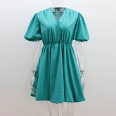 Fashion V-Neck Lantern Sleeve Mini Dress Women's Sexy Short Sleeves Elastic WaistClubs Party Princess Dress Female Summer