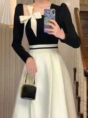 Elegant Hepburn Women Dresses Spring Korean Fashion Chic Square Collar Bow Long Sleeve Vestidos Patchwork Prom A Line Dress New