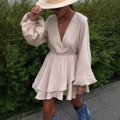 Elegant Chiffon V-neck Ruffle Dress For Women High Waist Irregular Solid Color Short Dress Long Sleeve Party Female Dress