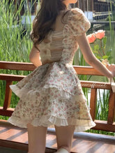 French Fashion Sweet Boat Neck Fragmented Flower Bubble Sleeve Dress Summer New Open Back Hollow Bow Slim Fit Design Skirt OUC5