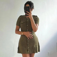 Metal Button Knitted Short Sleeve Dress Women's Retro Elegant Mini Sweater Dresses Solid Color Club Party Vestido Female