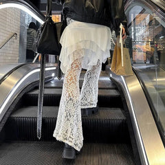 Fashion Sexy Lace Patchwork Skirt Pants 2024 Summer New See Through Mesh Y2k Grunge Low-waisted Irregular Flare