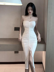 2025 Summer Women's Sexy Temperament Pleated Wrapped Chest backless Tight Solid Color Wrap buttocks Split Mid length Dress CAQM