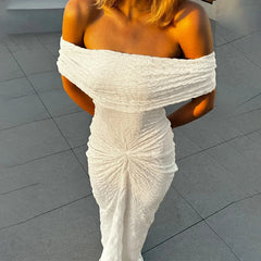 Elegant Textured One-shoulder Ruched Dress For Women Autumn New Sleeveless Tube Top Maxi Dress Lady Holiday Party Clothes