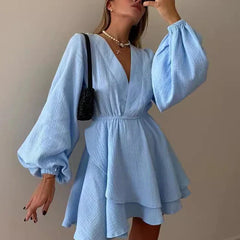 Elegant Chiffon V-neck Ruffle Dress For Women High Waist Irregular Solid Color Short Dress Long Sleeve Party Female Dress