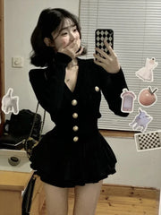 Korean Fashion V-nck Long Sleeve Black Knitted Cardigan+ Y2k E-Girl High Waist Ruched Short Skirts 2024 New Two Piece Sets