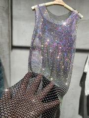 Fishnet Hot Diamonds Mini Dresses For Women 2023 Party Wear See-through Halter Mesh Dress Ladies Club Vestido Femmes