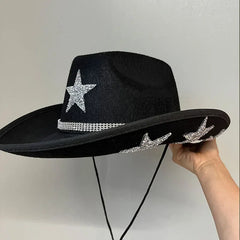 Women Diamond Star Cowboy Hat Pentagram Rhinestone Tassel White Bridal Party Wifey Wedding Hats Fashion Hat Cosplay Dress Up