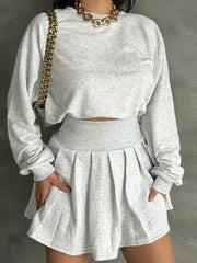 Casual Pleated Skirt 2 Piece Set Suit For Women Tracksuit Solid Long Sleeves Sweatershirt High Waisted Skirt Suit Female