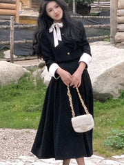 Korean Style Two Piece Set Women Spring Autumn Trend Long Sleve Lace Up Single Breasted top + A-Line Midi Skirt Fashion Female