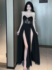 2025 Summer Women's New Sexy temperament Off Shoulder Chest wrapping Fashion Gauze Transparent Split Long ceremonial dress NDR0
