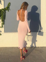 Backless Ruffled Knitted Long Dress For Women Contrast Color Flare Sleeve Autumn Sexy Bodycon Evening Party Sweater Dress