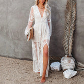 2025 Long White Tunic dress Bikini Cover-ups Sexy Deep V-neck Slip Maxi Dress Summer Clothes Women Swimsuit Cover Up dress