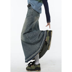 Back to school Women Blue Denim Half Body Skirt Gradient High Waist Tassels Casual Korean Mid Length Bottoms Baggy Vintage Female Long Skirt