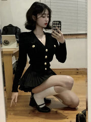 Korean Fashion V-nck Long Sleeve Black Knitted Cardigan+ Y2k E-Girl High Waist Ruched Short Skirts 2024 New Two Piece Sets