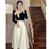 Elegant Hepburn Women Dresses Spring Korean Fashion Chic Square Collar Bow Long Sleeve Vestidos Patchwork Prom A Line Dress New