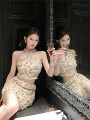 Spring Outfit Korean style Fashion Small Fragrance Sequins Two Piece Set Women Halter Top + Skirt Sets Summer Tweed Sweet 2 Piece Suits