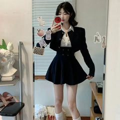 Preppy Style Vintage Fashion Suit Woman White Shirt + Short Coat High Waist Slim Y2k Mini Dress Japanese Elegant Set 2025 Chic