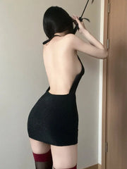 2025 Summer New Women's Sexy Secretary Uniform Open Chest Chain Decoration Hanging Neck backless Wrap buttocks Dress 1SWC