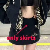 Vintage Fashion Fake Two Piece Leopard Print Hooded Jackets+ Y2k High Waist Bodycon Skirts 2024 Autumn New Black Sets