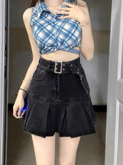 Oversize American Retro High Waiste A-line Skirts 2024 Summer New Ruched Faldas Mujer Y2k Grunge Denim Skirt for Women