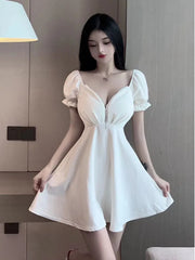 2025 Summer New Women's Light Mature Sexy Deep V Zipper Puff Short Sleeve fashion A-line Waist retraction Solid Color Dress GPUQ