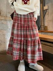 Red Plaid Mid Long Skirt Women Maxi Skirt 2023 Goth Lolita High Waisted Ladies Vintage Ruffle Pleated Skirts rok