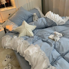 Princess Style Bedding Set No Filling Korean Romantic Ruffles Blue Purple Single Double Queen Size Duvet Cover Sheet Pillowcase