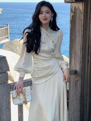 New Spring Elegant Satin Midi Dress Women French Vintage Bow Tie OL Dress Female Casual One Piece Dress Korean Chic Vestido